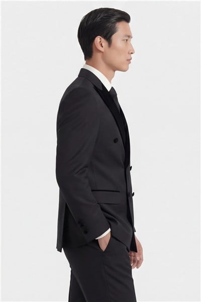 Giotelli Erkek Siyah Dar Kesim Slim Fit Viskon Dokuma Fleto Kapaklı Cep Normal Bel 6 Drop Smokin Takım Elbise