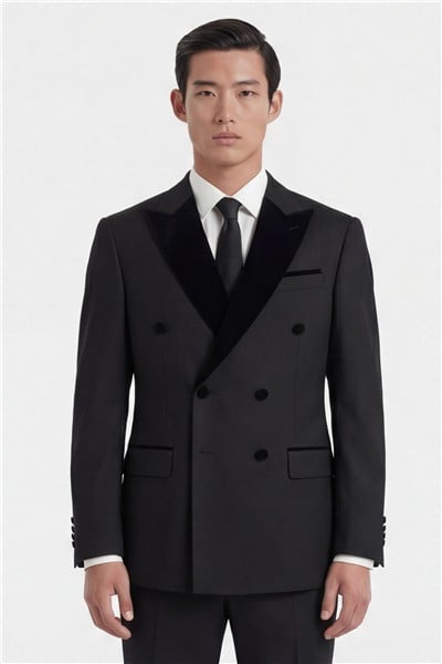 Giotelli Erkek Siyah Dar Kesim Slim Fit Viskon Dokuma Fleto Kapaklı Cep Normal Bel 6 Drop Smokin Takım Elbise