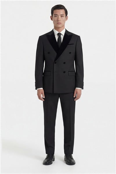 Giotelli Erkek Siyah Dar Kesim Slim Fit Viskon Dokuma Fleto Kapaklı Cep Normal Bel 6 Drop Smokin Takım Elbise