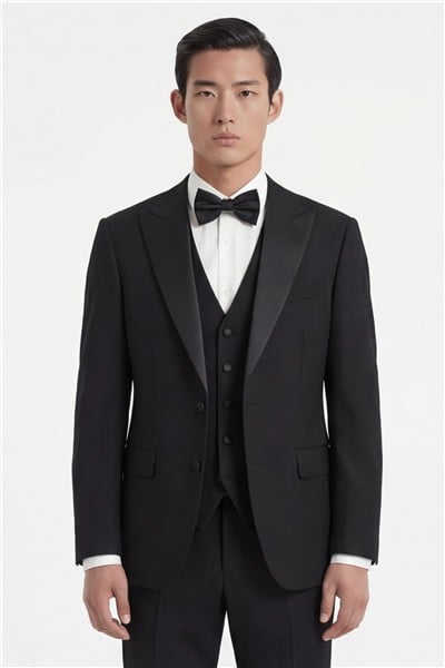 Giotelli Erkek Siyah Dar Kesim Slim Fit Viskon Dokuma Nomal Bel 6 Drop Yelekli Smokin Takım Elbise