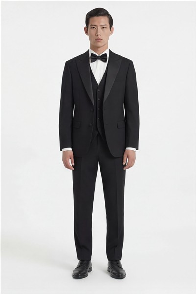 Giotelli Erkek Siyah Dar Kesim Slim Fit Viskon Dokuma Nomal Bel 6 Drop Yelekli Smokin Takım Elbise