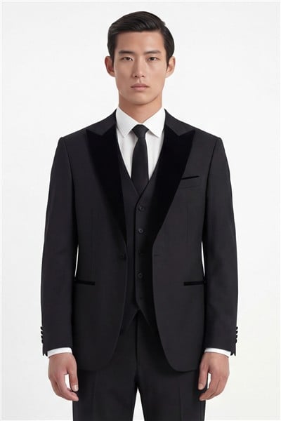 Giotelli Erkek Siyah Dar Kesim Slim Fit Viskon Dokuma Normal Bel 6 Drop Yelekli Klasik Smokin Takım Elbise