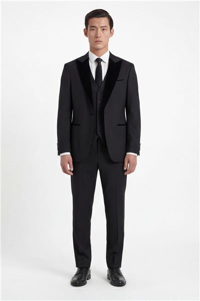 Giotelli Erkek Siyah Dar Kesim Slim Fit Viskon Dokuma Normal Bel 6 Drop Yelekli Klasik Smokin Takım Elbise