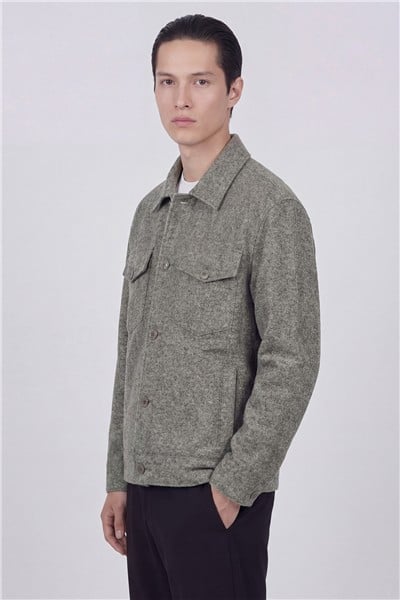 Giotelli Erkek Yeşil Normal Kesim Regular Fit Yünlü Dokuma Gömlek Yaka Düğmeli Mont