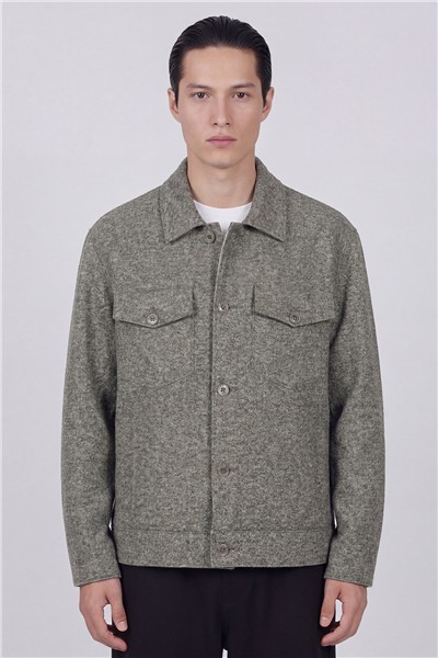 Giotelli Erkek Yeşil Normal Kesim Regular Fit Yünlü Dokuma Gömlek Yaka Düğmeli Mont