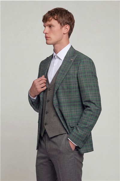 Giotelli Erkek Yeşil Dar Kesim Slim Fit Yünlü Dokuma Ekose Normal Bel 6 Drop Yelekli Takım Elbise