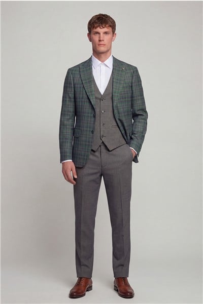 Giotelli Erkek Yeşil Dar Kesim Slim Fit Yünlü Dokuma Ekose Normal Bel 6 Drop Yelekli Takım Elbise