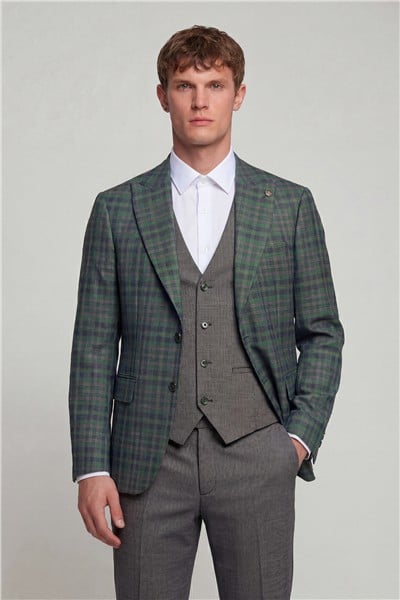 Giotelli Erkek Yeşil Dar Kesim Slim Fit Yünlü Dokuma Ekose Normal Bel 6 Drop Yelekli Takım Elbise