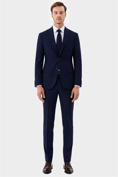 4 Drop Erkek Koyu Lacivert Dar Kesim Slim Fit Viskon Mono Yaka Takım Elbise