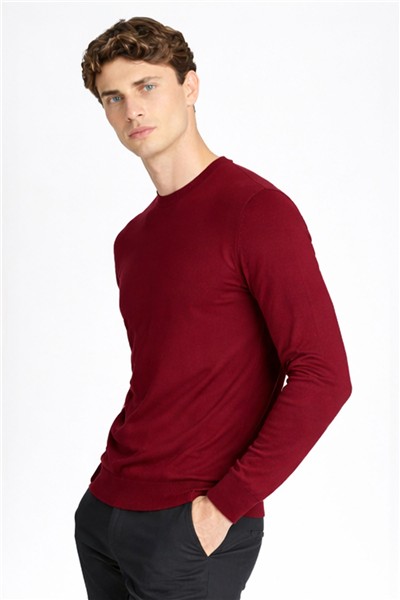 Açık Bordo Standart Fit Yün Karışımlı Bisiklet Yaka Düz Erkek Triko Kazak
