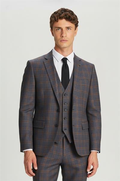 Giotelli Bordo Slim Fit Kareli Mono Yaka Yelekli Takım Elbise