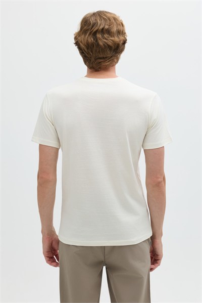 Açık Ekru %100 Pamuk Bisiklet Yaka Düz Renk Basic T-Shirt