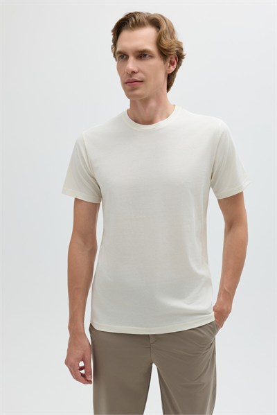 Açık Ekru %100 Pamuk Bisiklet Yaka Düz Renk Basic T-Shirt