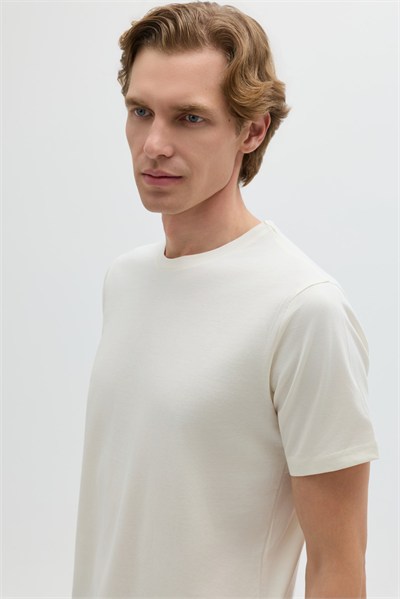 Açık Ekru %100 Pamuk Bisiklet Yaka Düz Renk Basic T-Shirt