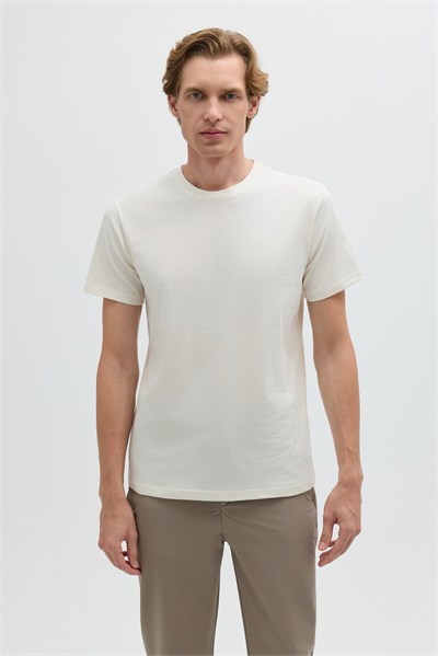Açık Ekru %100 Pamuk Bisiklet Yaka Düz Renk Basic T-Shirt