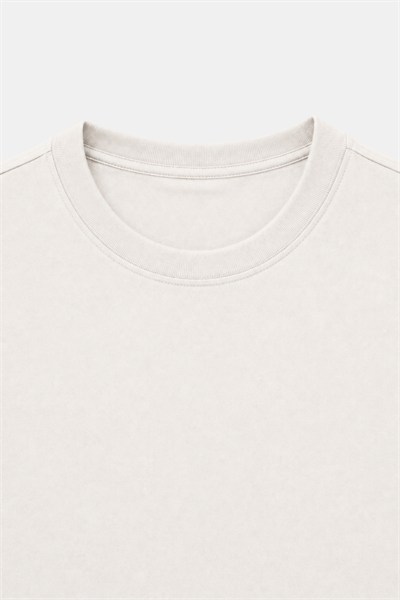 Açık Ekru %100 Pamuk Bisiklet Yaka Düz Renk Basic T-Shirt
