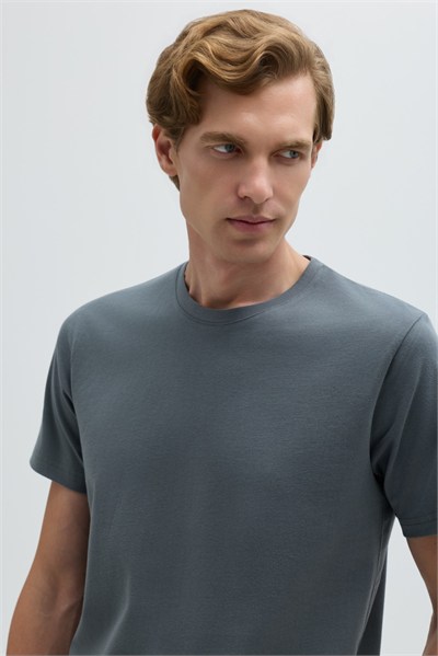 Açık Füme %100 Pamuk Bisiklet Yaka Düz Renk Basic T-Shirt