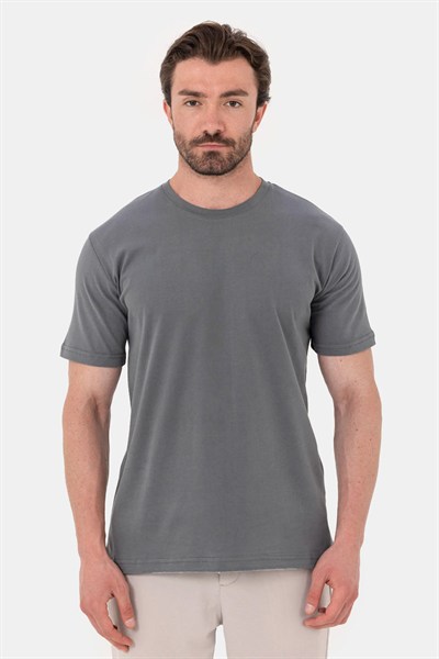 Açık Füme %100 Pamuk Bisiklet Yaka Düz Renk Basic T-Shirt