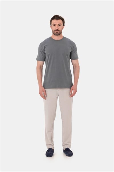 Açık Füme %100 Pamuk Bisiklet Yaka Düz Renk Basic T-Shirt