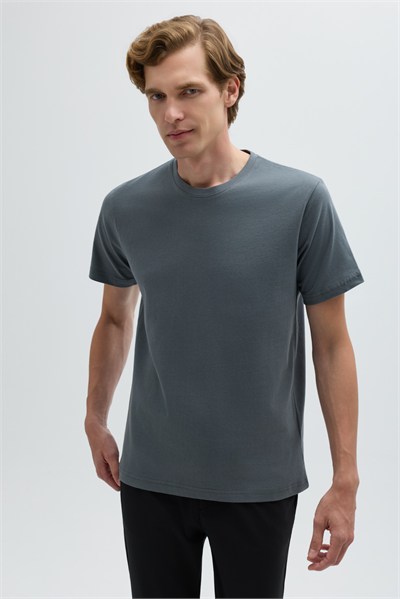 Açık Füme %100 Pamuk Bisiklet Yaka Düz Renk Basic T-Shirt