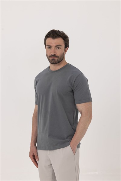 Açık Füme %100 Pamuk Bisiklet Yaka Düz Renk Basic T-Shirt