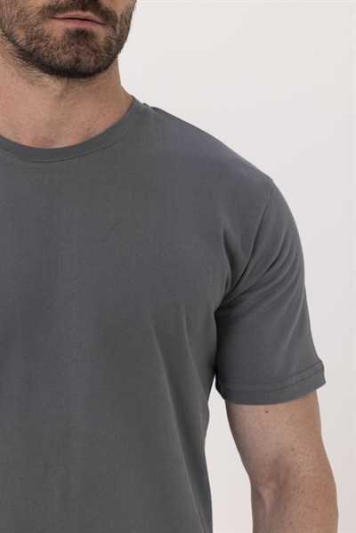 Açık Füme %100 Pamuk Bisiklet Yaka Düz Renk Basic T-Shirt