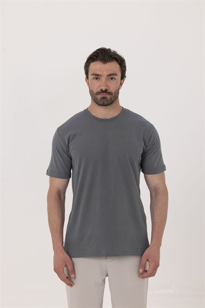 Açık Füme %100 Pamuk Bisiklet Yaka Düz Renk Basic T-Shirt