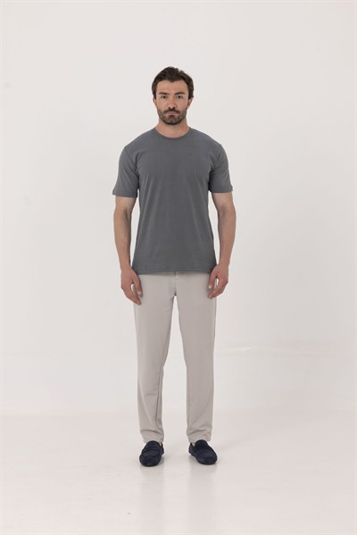 Açık Füme %100 Pamuk Bisiklet Yaka Düz Renk Basic T-Shirt
