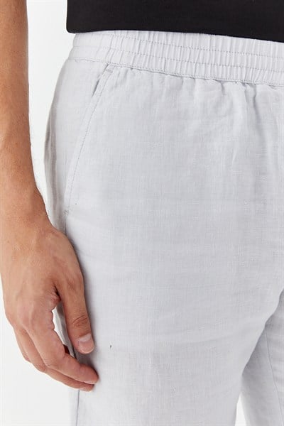 Açık Gri %100 Keten Regular Fit Beli Lastikli Bermuda Şort