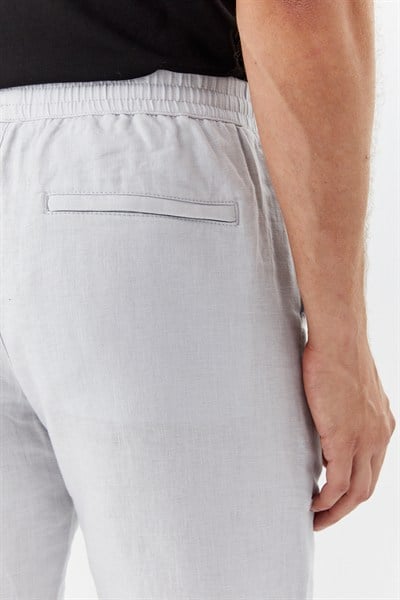 Açık Gri %100 Keten Regular Fit Beli Lastikli Bermuda Şort