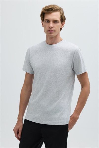 Açık Gri %100 Pamuk Bisiklet Yaka Düz Renk Basic T-Shirt