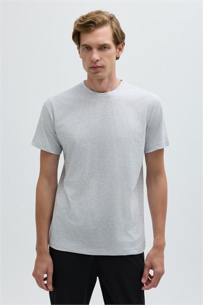Açık Gri %100 Pamuk Bisiklet Yaka Düz Renk Basic T-Shirt
