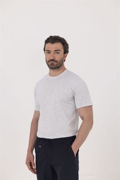 Açık Gri %100 Pamuk Bisiklet Yaka Düz Renk Basic T-Shirt