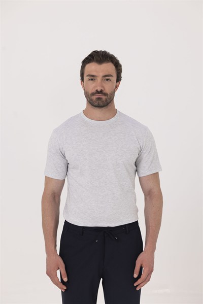 Açık Gri %100 Pamuk Bisiklet Yaka Düz Renk Basic T-Shirt