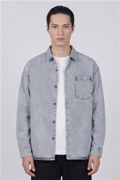 Erkek Açık Gri Normal Kesim Regular Fit Pamuk Denim Ceket Gömlek