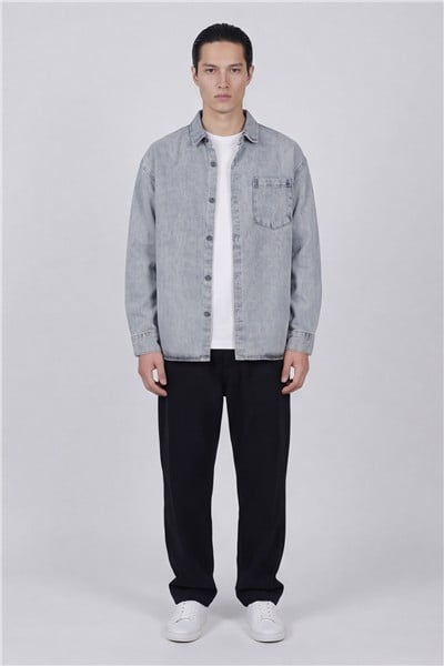 Erkek Açık Gri Normal Kesim Regular Fit Pamuk Denim Ceket Gömlek