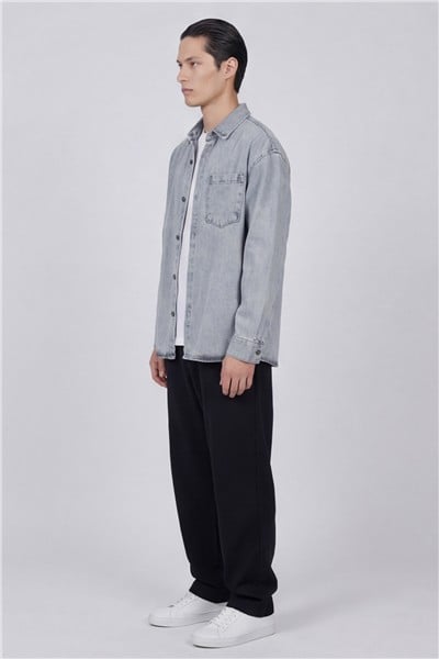 Erkek Açık Gri Normal Kesim Regular Fit Pamuk Denim Ceket Gömlek