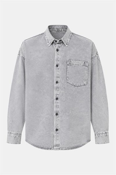 Açık Gri Regular Fit Pamuk Cepli Uzun Kollu Denim Ceket Gömlek