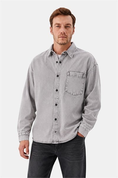 Açık Gri Regular Fit Pamuk Cepli Uzun Kollu Denim Ceket Gömlek