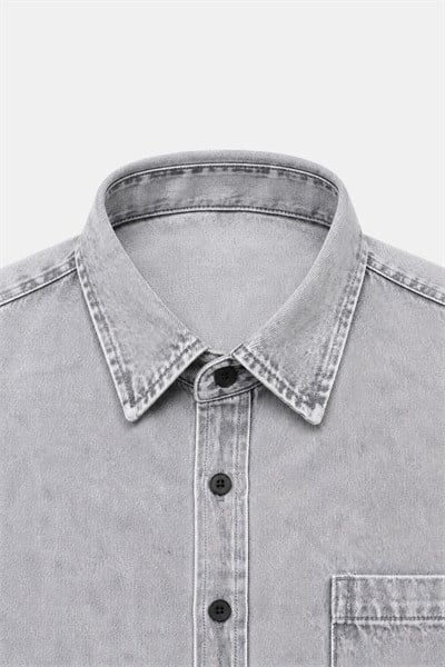 Açık Gri Regular Fit Pamuk Cepli Uzun Kollu Denim Ceket Gömlek
