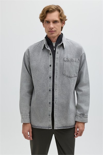 Açık Gri Regular Fit Pamuk Cepli Uzun Kollu Denim Ceket Gömlek