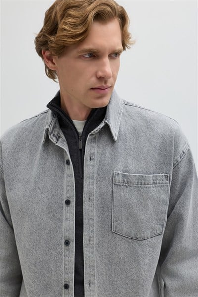 Açık Gri Regular Fit Pamuk Cepli Uzun Kollu Denim Ceket Gömlek
