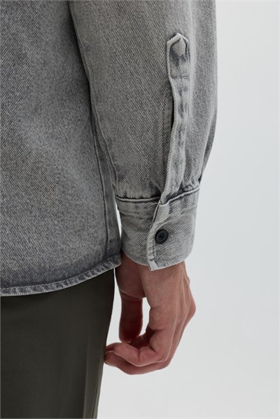 Açık Gri Regular Fit Pamuk Cepli Uzun Kollu Denim Ceket Gömlek