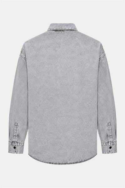 Açık Gri Regular Fit Pamuk Cepli Uzun Kollu Denim Ceket Gömlek