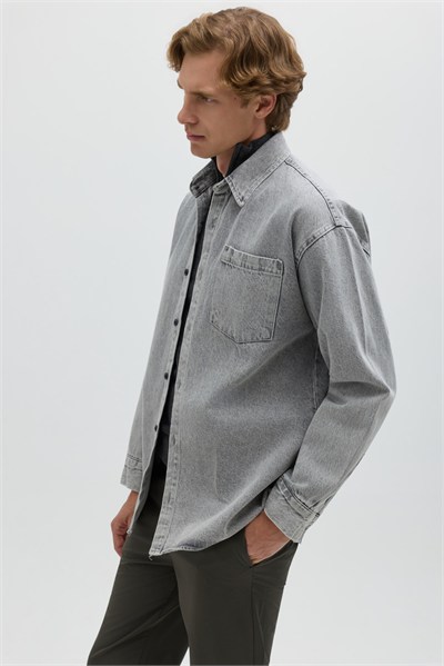 Açık Gri Regular Fit Pamuk Cepli Uzun Kollu Denim Ceket Gömlek
