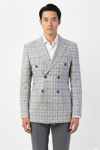 Giotelli Açık Gri Regular Fit Sivri Yaka Kruvaze Ekose Casual Ceket