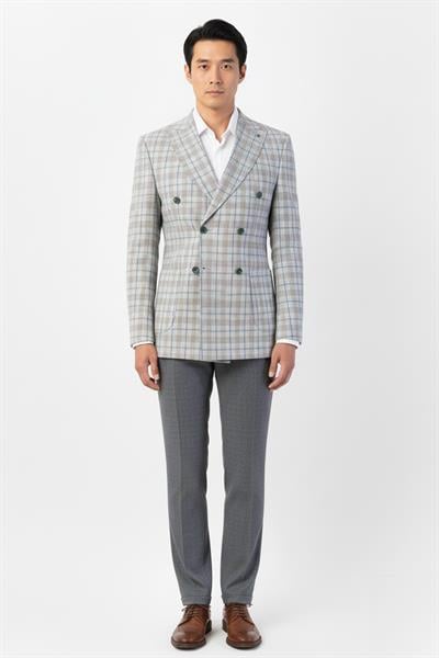 Giotelli Açık Gri Regular Fit Sivri Yaka Kruvaze Ekose Casual Ceket
