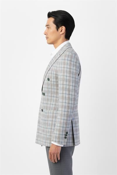 Giotelli Açık Gri Regular Fit Sivri Yaka Kruvaze Ekose Casual Ceket