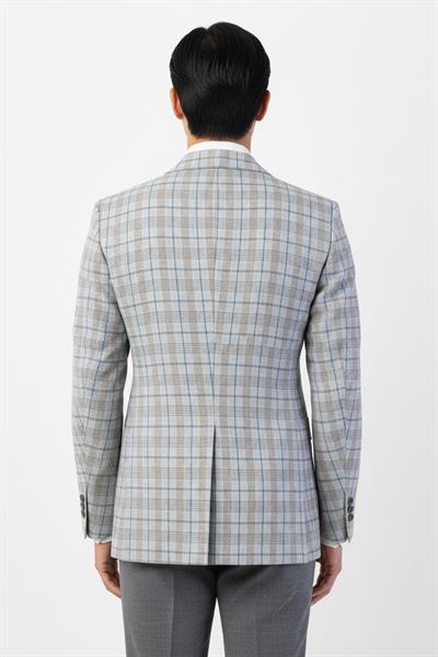 Giotelli Açık Gri Regular Fit Sivri Yaka Kruvaze Ekose Casual Ceket