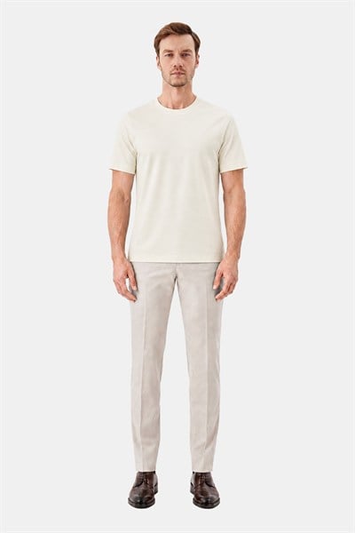 Açık Krem %100 Pamuk Regular Fit Dokuma Bisiklet Yaka Basic T-Shirt